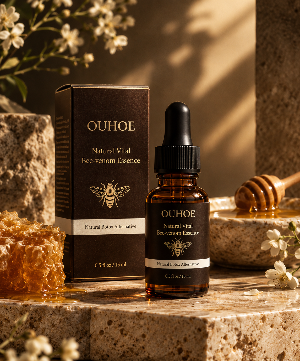 OUHOE amber essence bottle and packaging in a warm luxury product still life