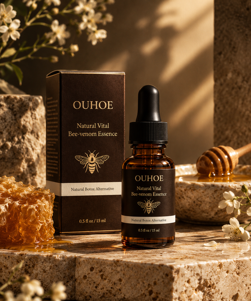 OUHOE amber essence bottle and packaging in a warm luxury product still life